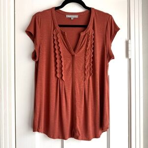 Daniel Rainn Micaela Split Neck Knit Top M Burnt Orange Short Sleeve